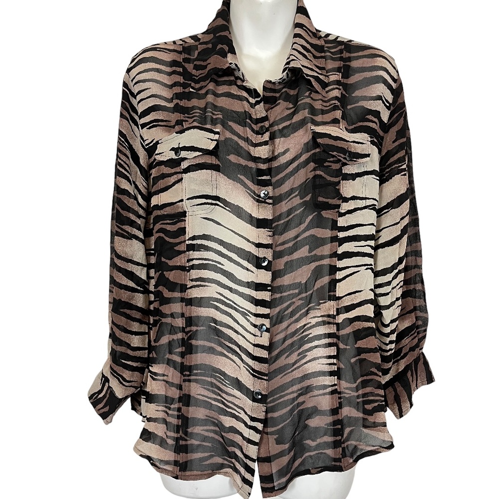 CHICO'S Zebra Black Brown Tan 100% Silk Button Down Shirt Top Long Sleeve sz 2